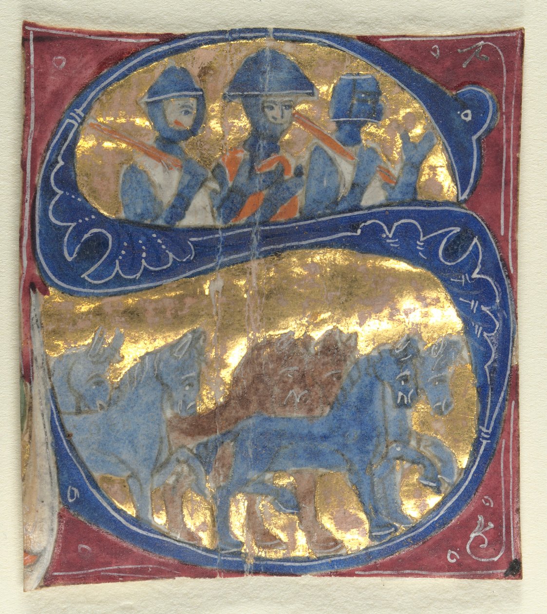 Historisierte Initiale S aus einer Bibel: Soldaten und Pferde, 1200er Jahre von Unbekannt