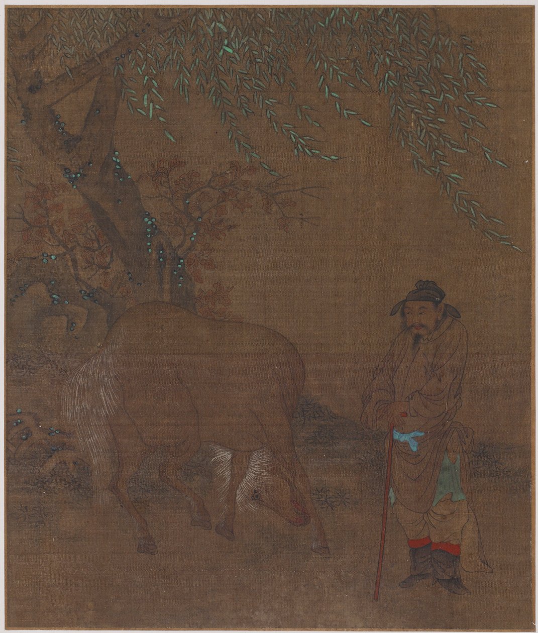 Pferd und Stallbursche unter einer Weide, möglicherweise Ming-Dynastie, 1368-1644 von Unbekannt