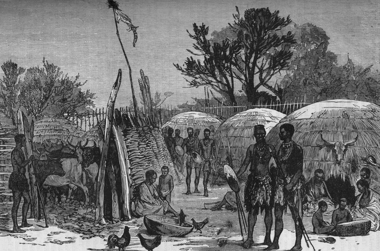 Innenraum eines Zulu-Kraals am Tugela-Fluss, ca. 1880 von Unbekannt