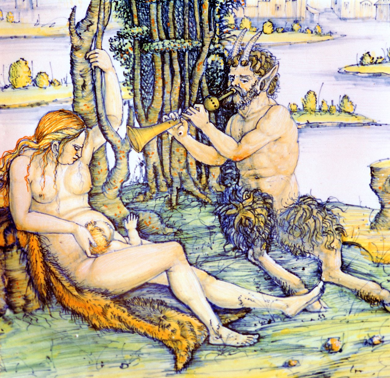 Italienischer Tonteller, der die Satyrfamilie nach Dürer zeigt von Unbekannt