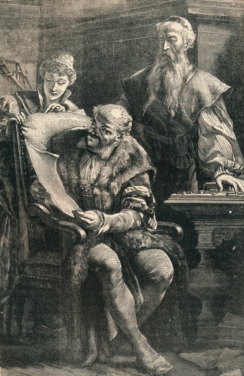 Johannes Gutenberg zeigt Faust einen Teil des ersten gedruckten Buches