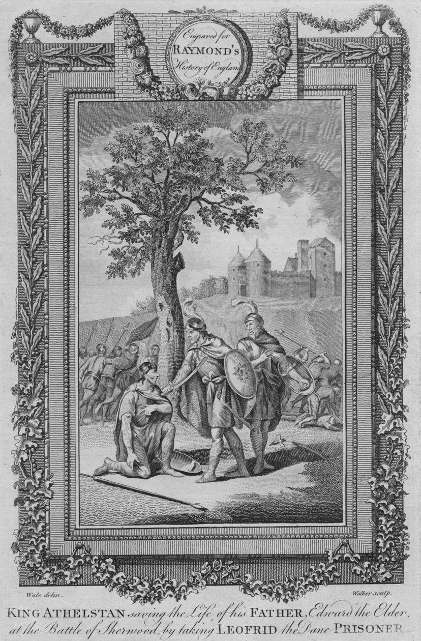 König Athelstan rettet das Leben seines Vaters, Edward der Ältere in der Schlacht von Sherwood, ca. 1787 von Unbekannt