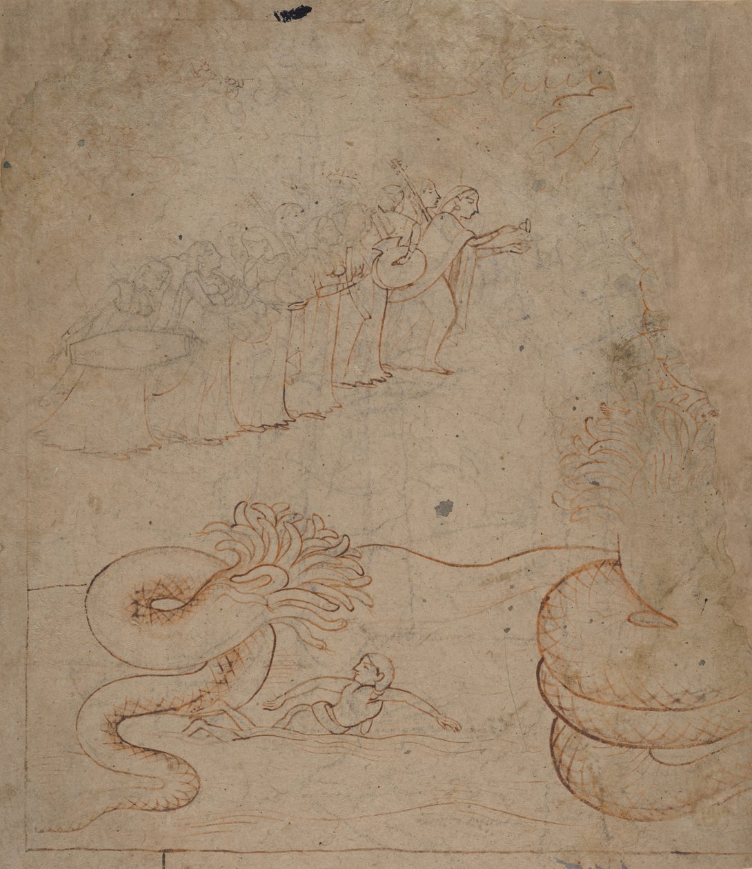 Krishna bezwingt die Schlange Kaliya im Yamuna-Fluss, ca. 1780 von Unbekannt