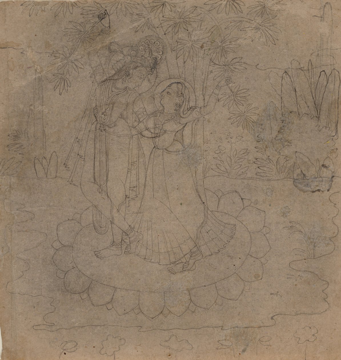 Krishna und Radha stehen auf einer Lotusblume, spätes 19. - frühes 20. Jahrhundert von Unbekannt