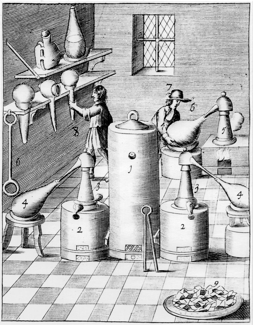 Labor zur Raffination von Gold und Silber, zeigt typische Laborausrüstung, 1683 von Unbekannt