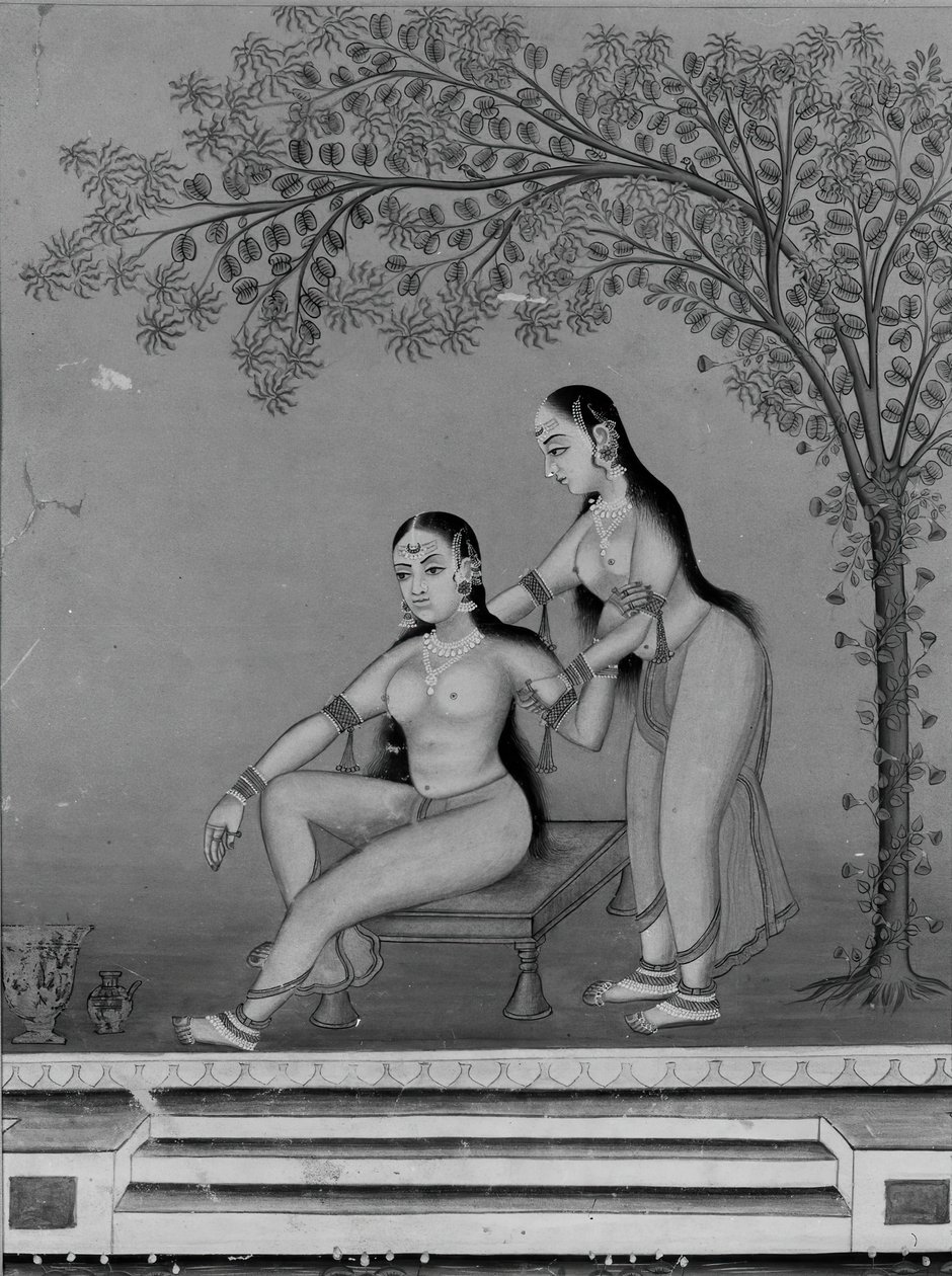 Dame bei ihrer Toilette mit Dienerin auf einer Terrasse, ca. 1800 von Unbekannt