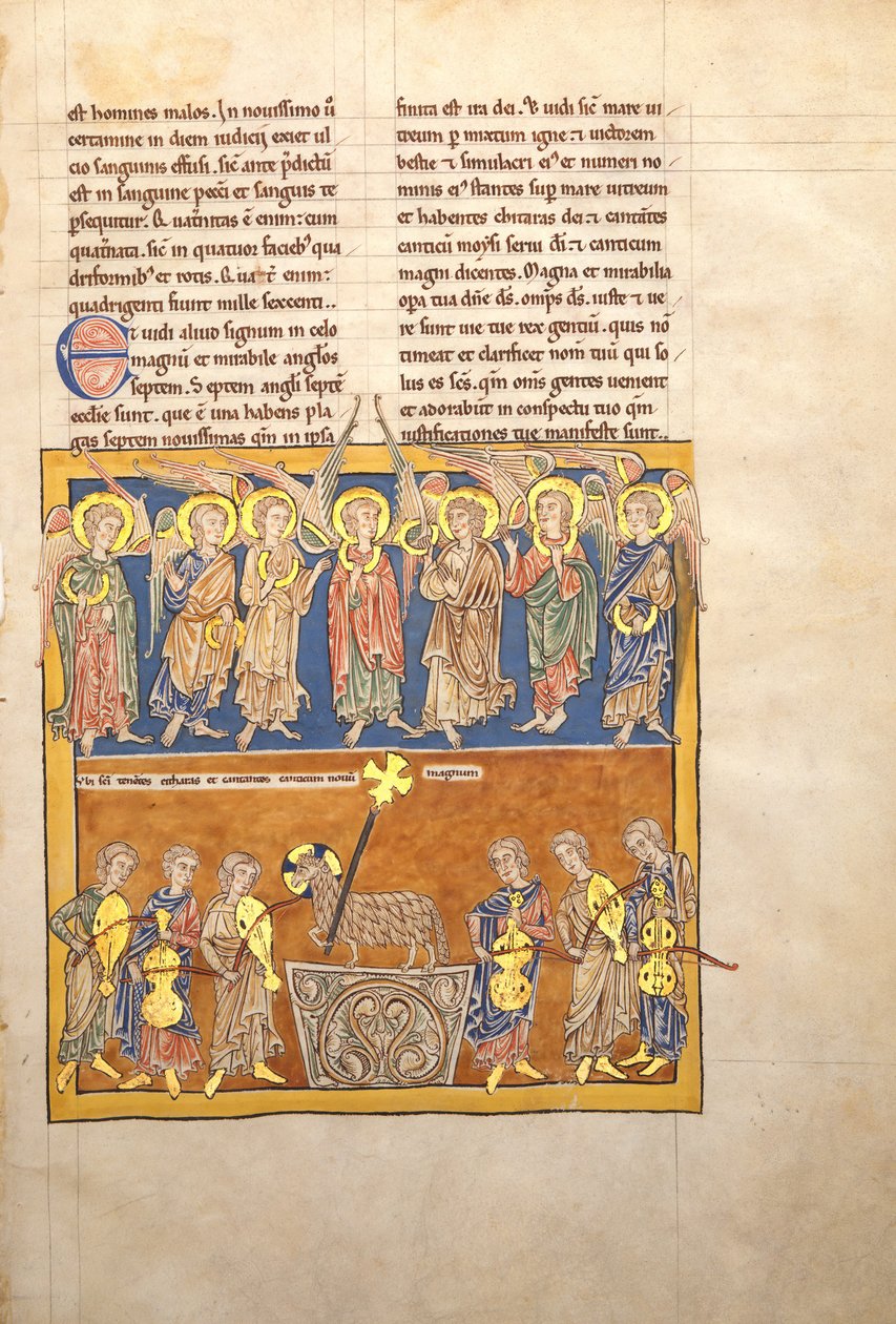 Blatt aus einem Beatus-Manuskript: Sieben Engel halten die Schalen der sieben letzten Plagen..., ca. 1180 von Unbekannt