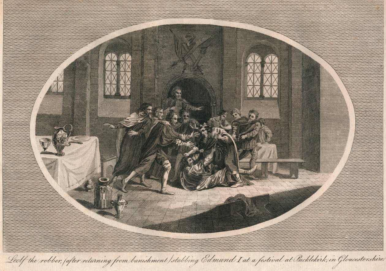 Leofa der Räuber ersticht Edmund I. bei einem Fest in Pucklekirk, Gloucestershire 946, 1793 von Unbekannt