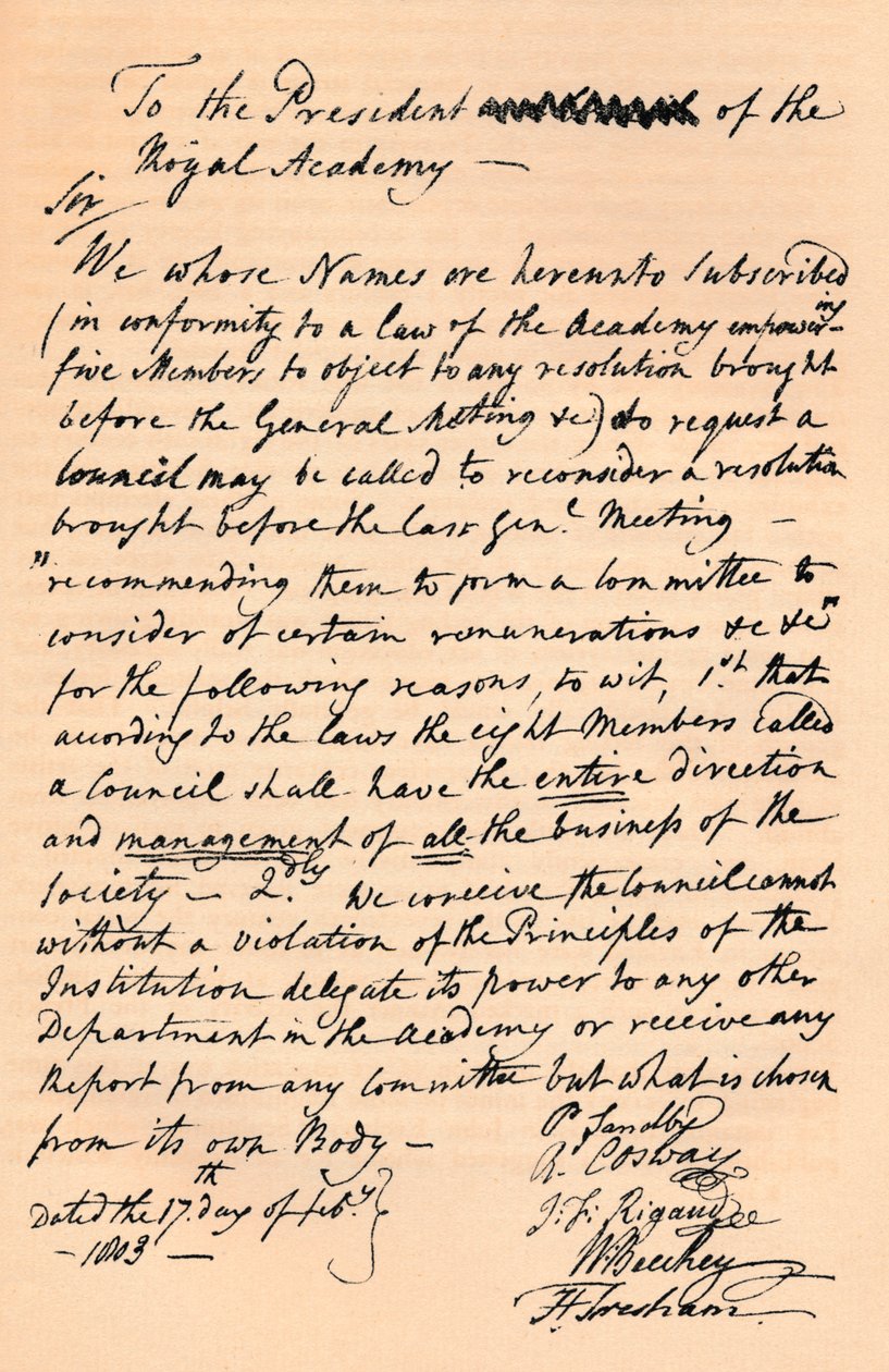 Brief an Benjamin West, Präsident der Royal Academy, 1803 1904 von Unbekannt
