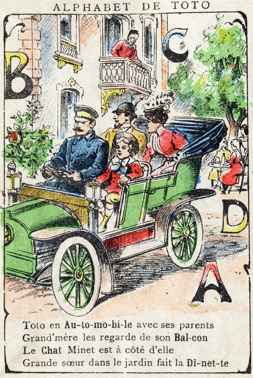 Buchstaben A B C D Auto Balkon Katze Puppenstube. Gravur in "Alphabet de Toto", Ende des 19. Jahrhunderts. Pont-a-Mousson Bildgebung. Louis Vagne, Drucker-Verleger. 12 Seiten. von Unbekannt