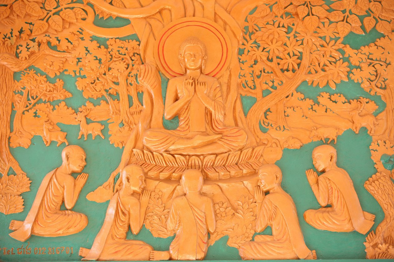 Leben des Buddha. Buddha mit seinen 5 Jüngern in Benares, Phnom Penh, Kambodscha von Unbekannt
