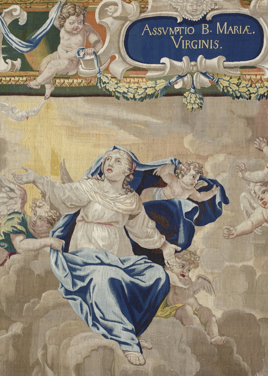 Leben der Jungfrau: „Die Himmelfahrt“ Detail Wandteppich aus Wolle und Seide hergestellt in der Werkstatt von Pierre Damour nach den Zeichnungen von Charles Poerson (1609-1667) von Unbekannt