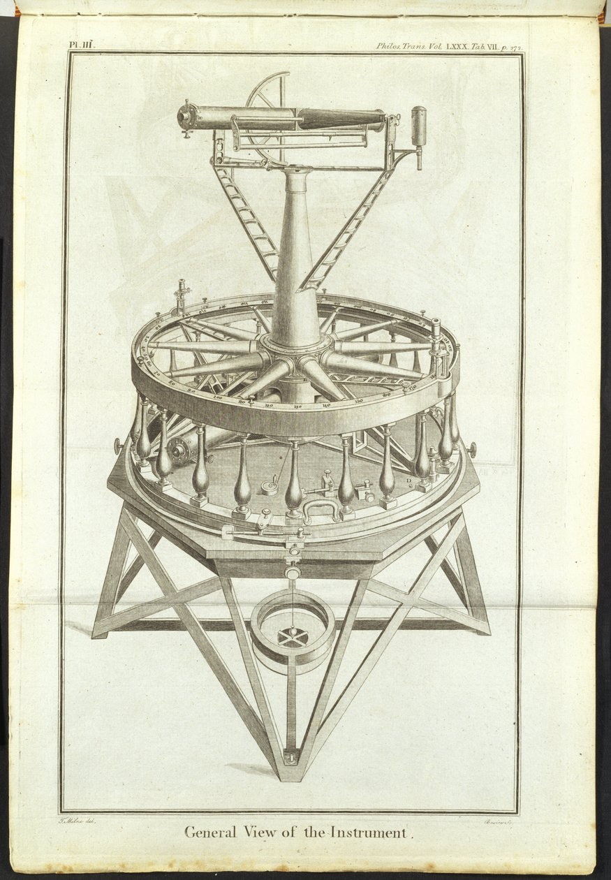 Kupferstich des ersten großen Theodolits (3 ft horizontaler Kreis) dargestellt in den Philosophical Transactions der Royal Society Vol von Unbekannt