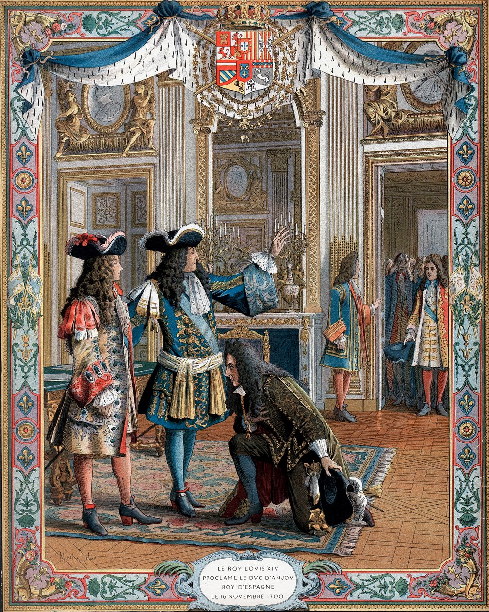 Ludwig XIV. proklamiert den Herzog von Anjou zum König von Spanien, Erbfolgekrieg, 1700 19. Jahrhundert von Unbekannt