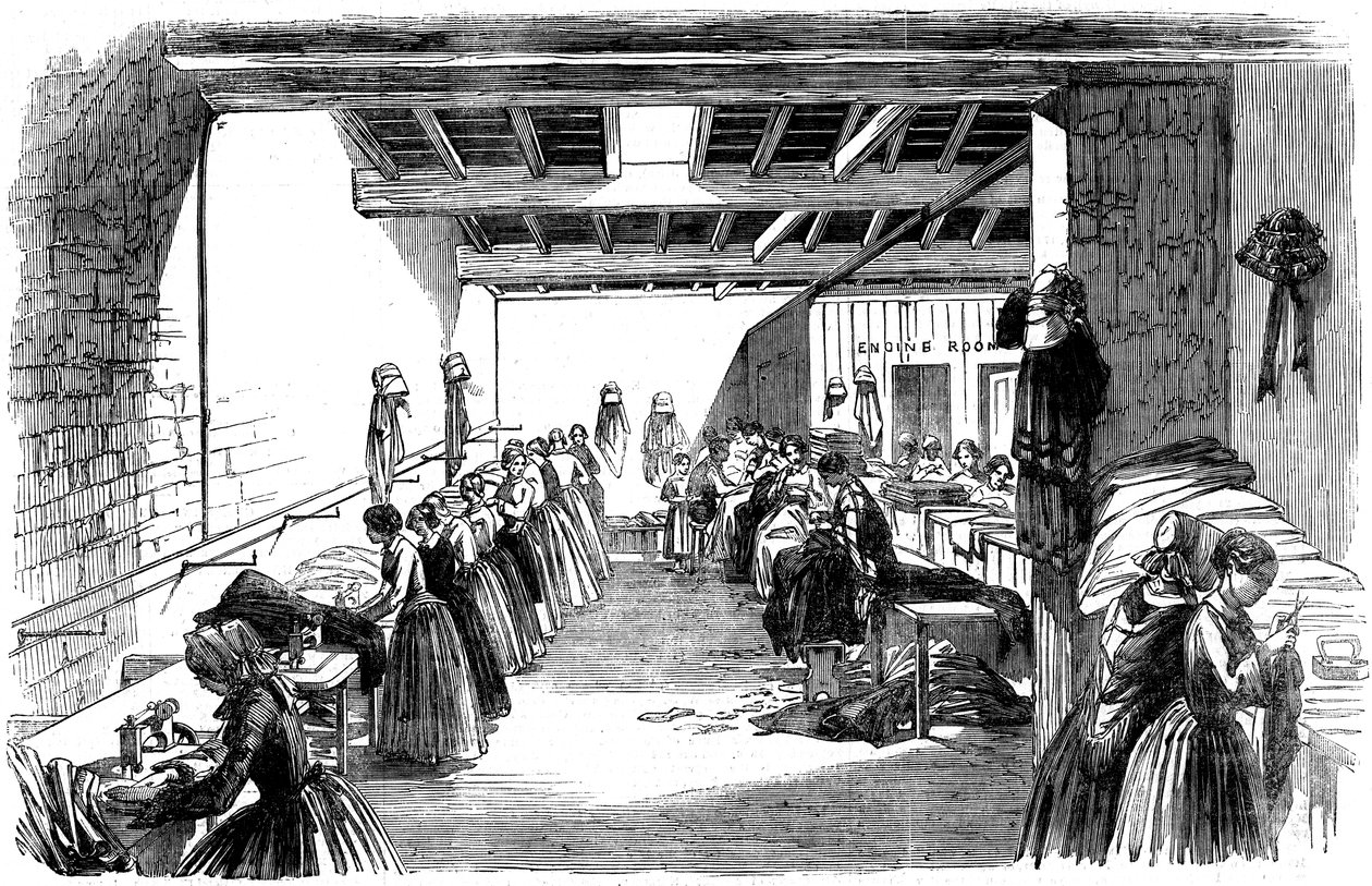 Maschinenraum in einer Dampfnähfabrik, 1854 von Unbekannt