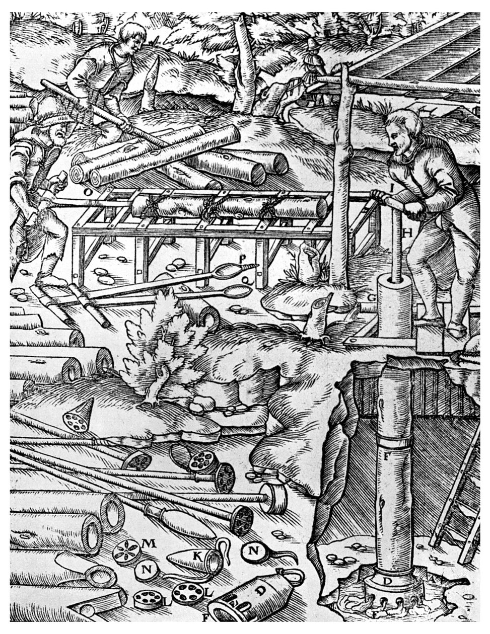 Herstellung und Verwendung von Ulmenbaum-Pumpen zur Entwässerung von Minen vor der Zeit der Dampfmaschine, 1556, 1956 von Unbekannt