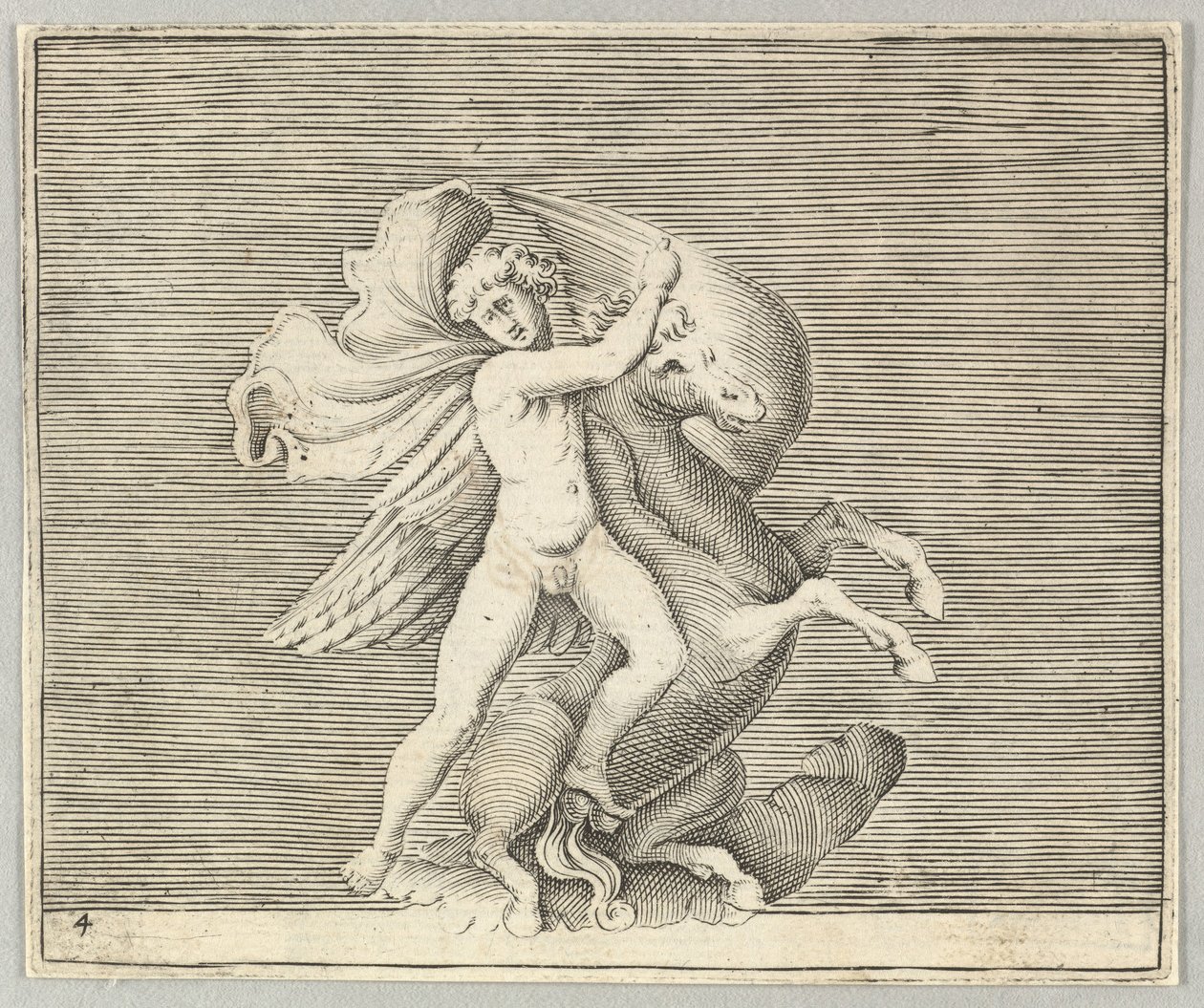 Mann kämpft mit geflügeltem Pferd (veröffentlicht ca. 1599-1622) von Unbekannt