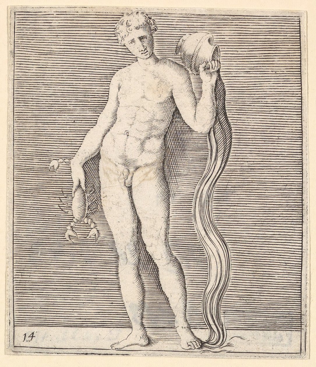 Mann mit Flusskrebs und Wasserkrug, veröffentlicht ca. 1599-1622 von Unbekannt