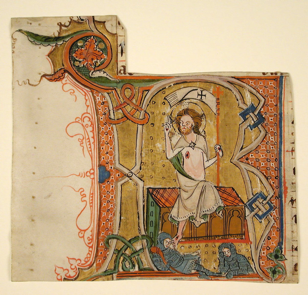 Manuskriptblatt mit einer illuminierten Initiale R und der Auferstehung, spätes 13. Jahrhundert von Unbekannt