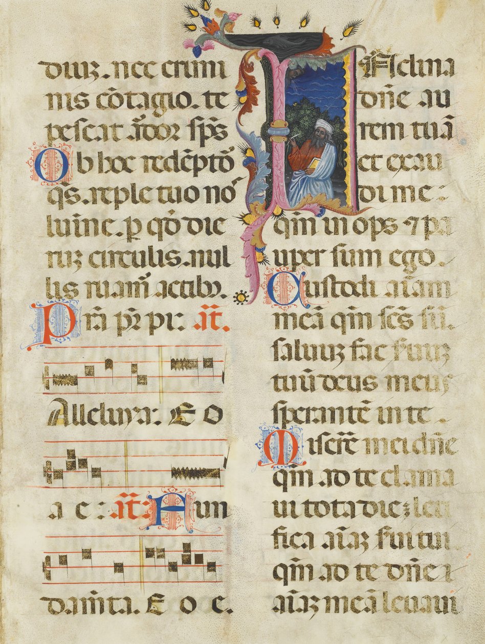 Manuskriptblatt mit König David in einem Initial I, aus einem Psalter von Unbekannt