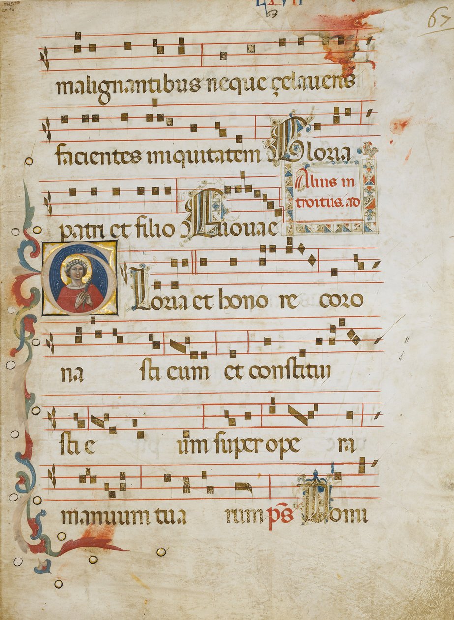 Manuskriptblatt mit einer weiblichen Heiligen möglicherweise Dorothea in einem Initial G, aus einem Graduale, ca. 1330-40 von Unbekannt