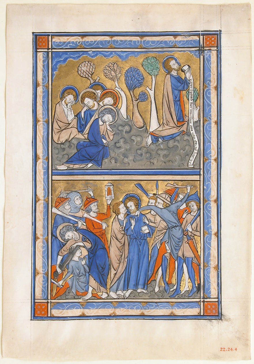 Manuskriptblatt mit der Agonie im Garten und dem Verrat Christi, aus einem königlichen Psalter, ca. 1270 von Unbekannt