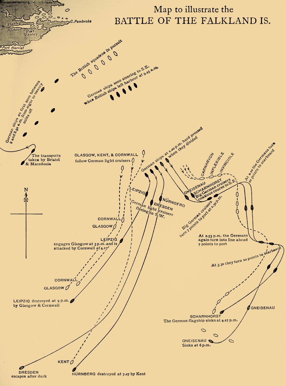 Karte zur Veranschaulichung der Schlacht um die Falklandinseln am 8. Dezember 1914, ca. 1920 von Unbekannt