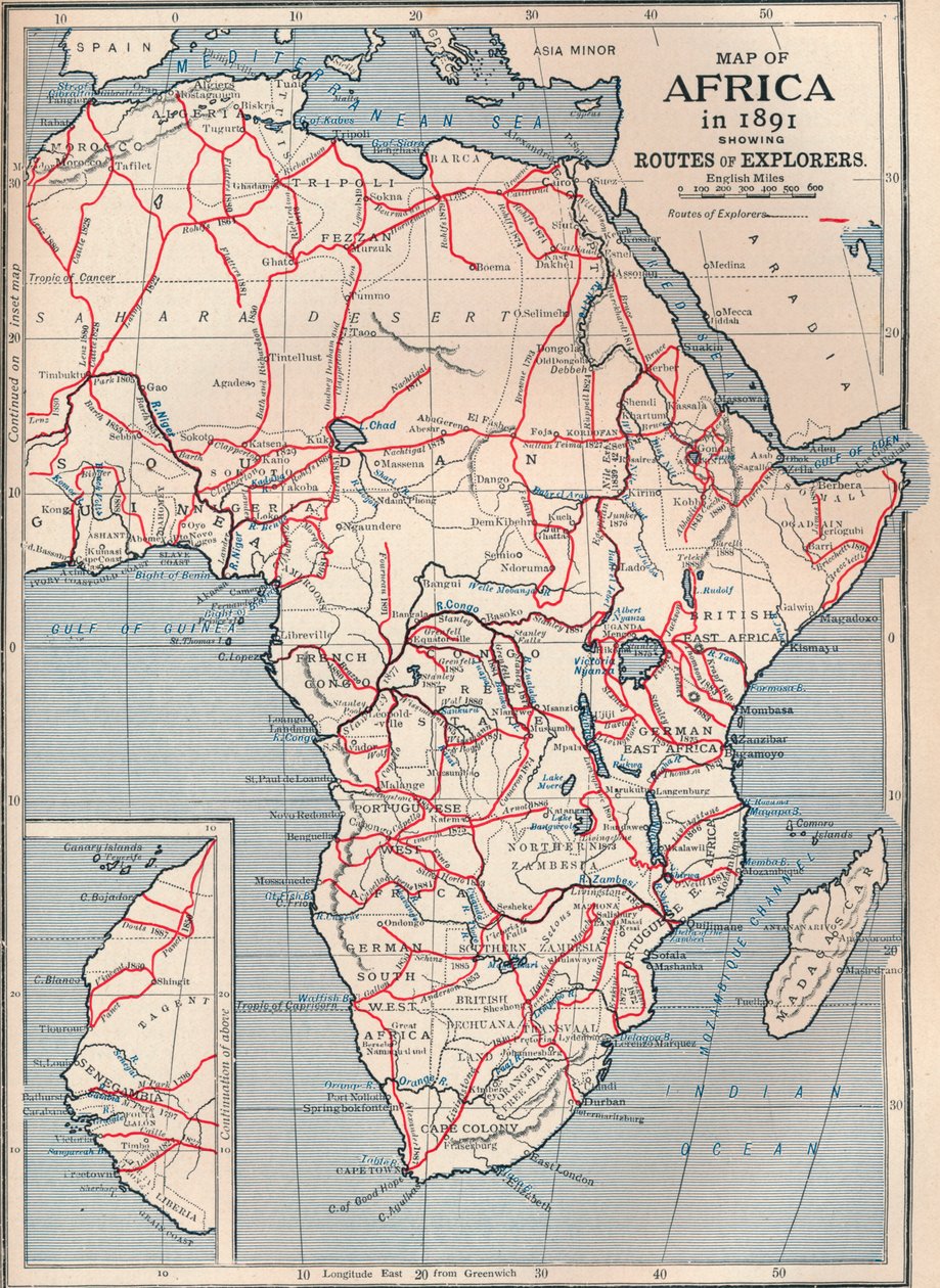 Karte von Afrika im Jahr 1891 mit den Routen der Entdecker, 1906 von Unbekannt
