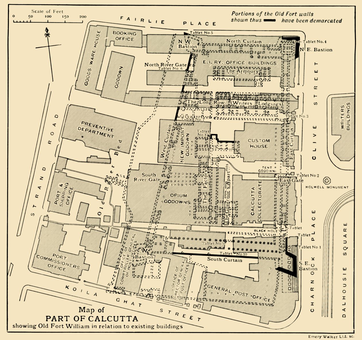 Karte eines Teils von Kalkutta mit dem alten Fort William im Verhältnis zu bestehenden Gebäuden, 1925 von Unbekannt