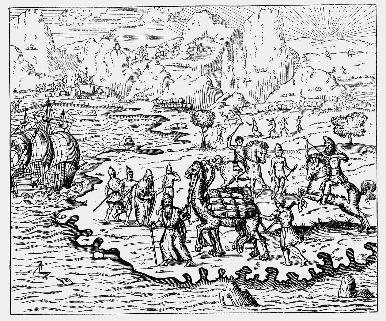 Händler transportieren Waren zur Küste und zu einem wartenden Schiff per Kamel, 1575 von Unbekannt
