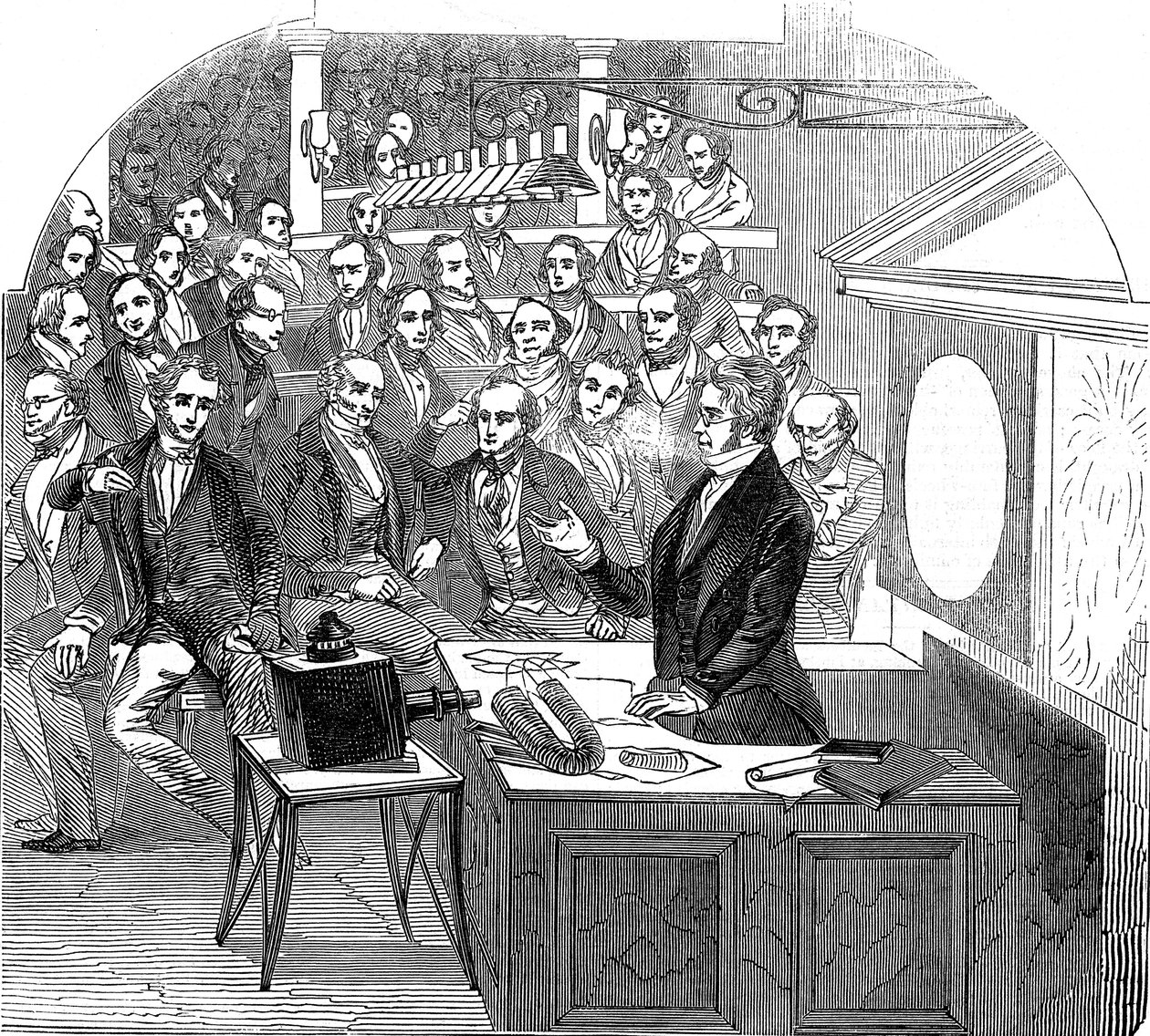 Michael Faraday hält einen Vortrag über Elektrizität und Magnetismus, Royal Institution, London, 1846 von Unbekannt