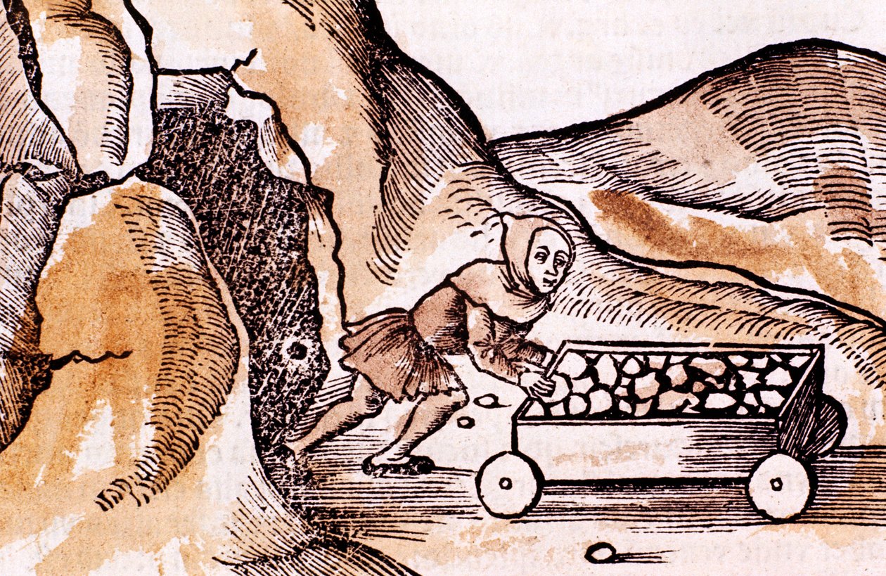 Bergmann schiebt einen Wagen aus einem Mineneingang, 1508 von Unbekannt
