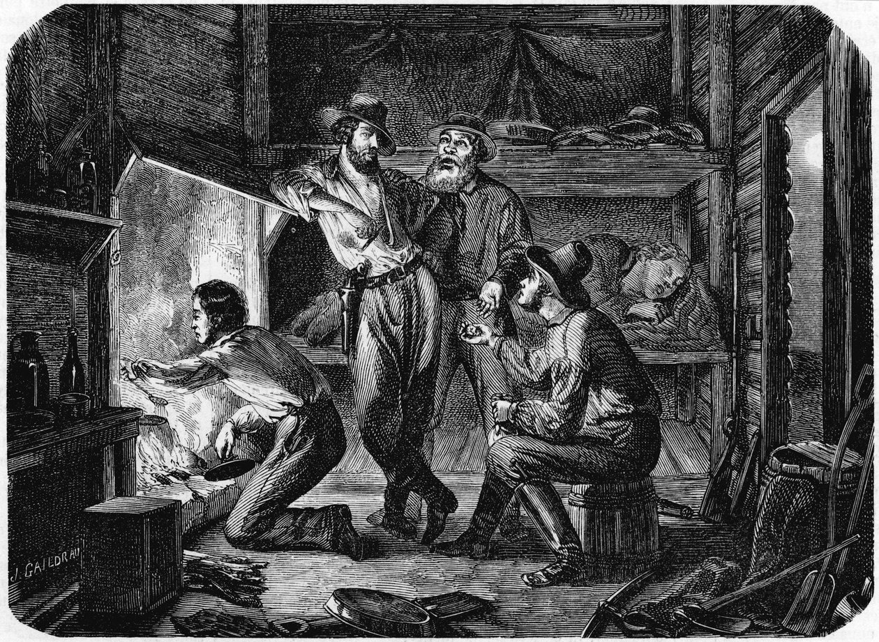 Bergleute in den kalifornischen Goldfeldern entspannen sich nachts in ihrer Blockhütte, 1853 von Unbekannt