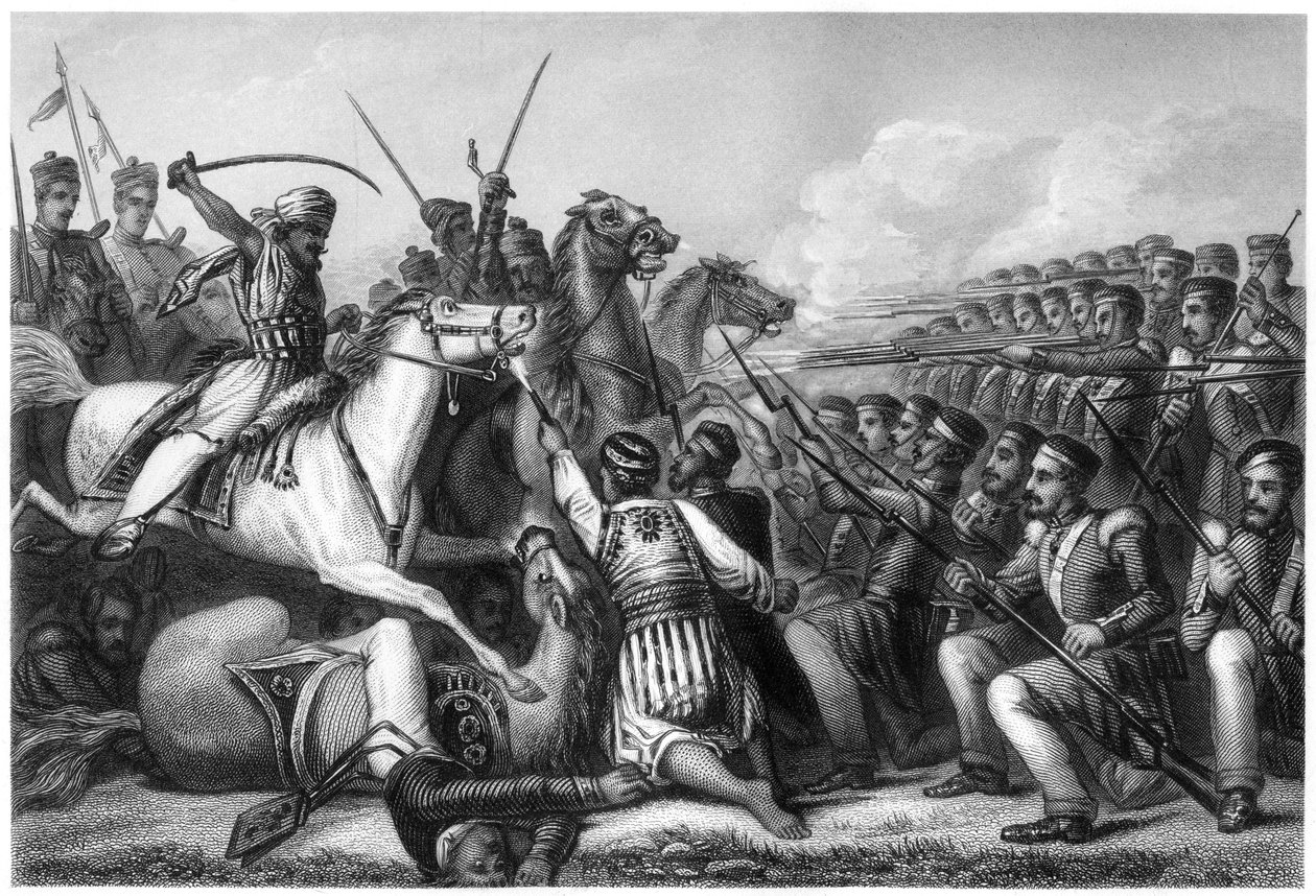 Meuternde Kavallerie greift ein Infanteriequadrat in der Schlacht von Cawnpore an, 1857, um 1860 von Unbekannt