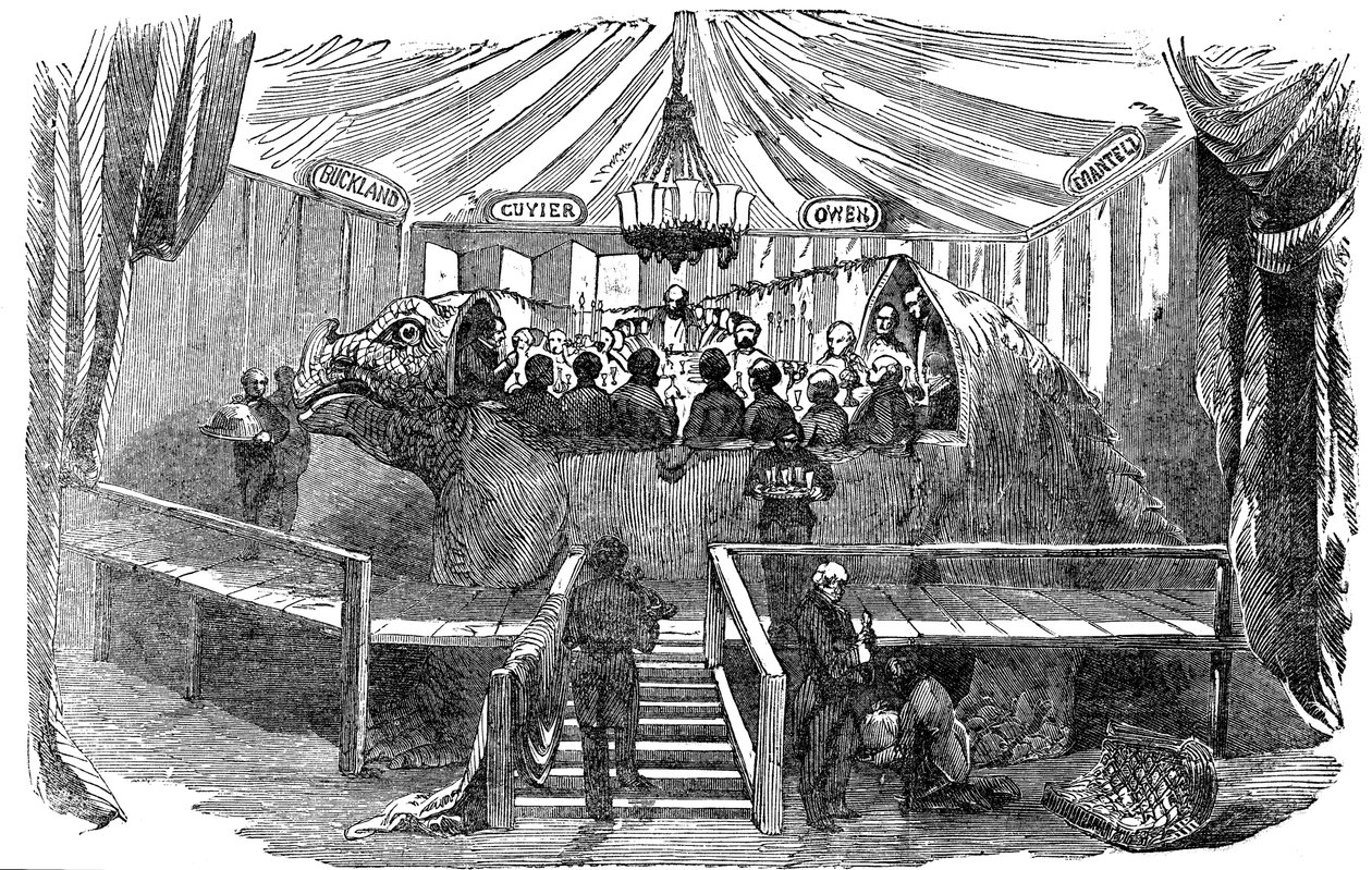 Naturforscher speisen in einem Dinosauriermodell, Crystal Palace, Sydenham, Silvester, 1853 von Unbekannt