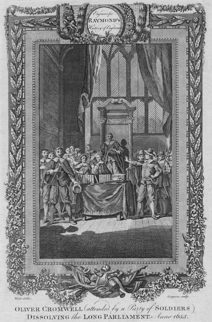 Oliver Cromwell, begleitet von einer Stadt von Soldaten, löst das Lange Parlament auf. Anno 1653, ca. 1787 von Unbekannt