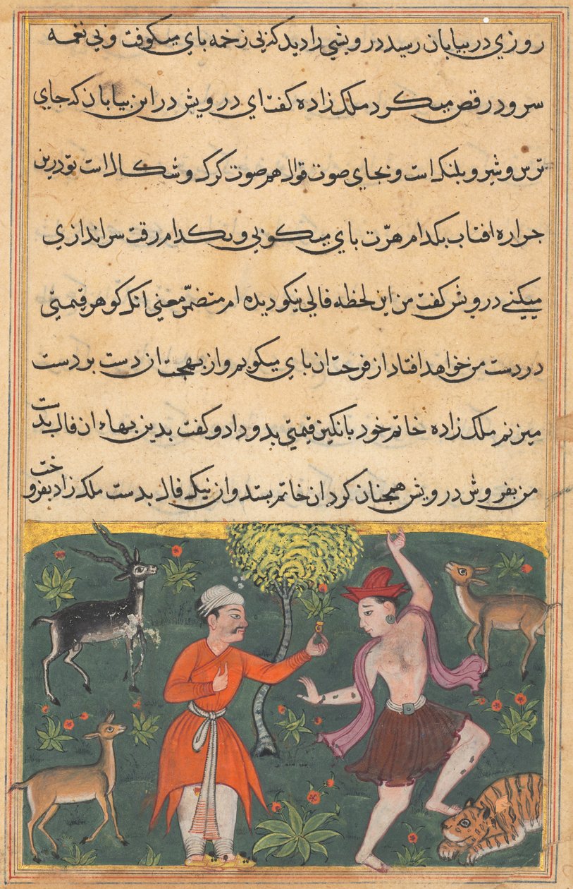 Seite aus Geschichten eines Papageis Tuti-nama: Achtzehnte Nacht: Der Prinz trifft..., ca. 1560 von Unbekannt