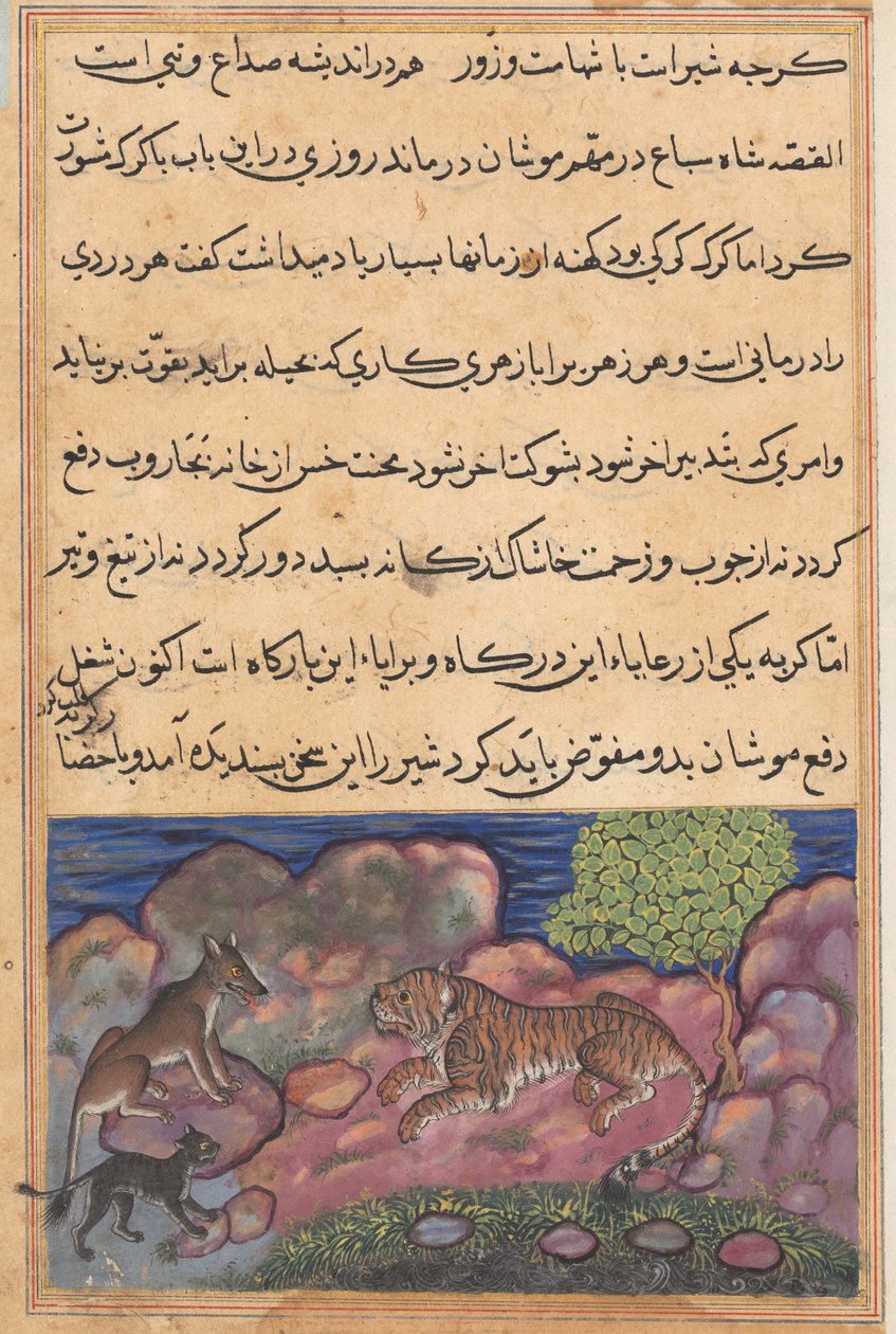 Seite aus Geschichten eines Papageis Tuti-nama: Fünfzehnte Nacht: Der Wolf rät dem Löwen..., 1558-1560 von Unbekannt
