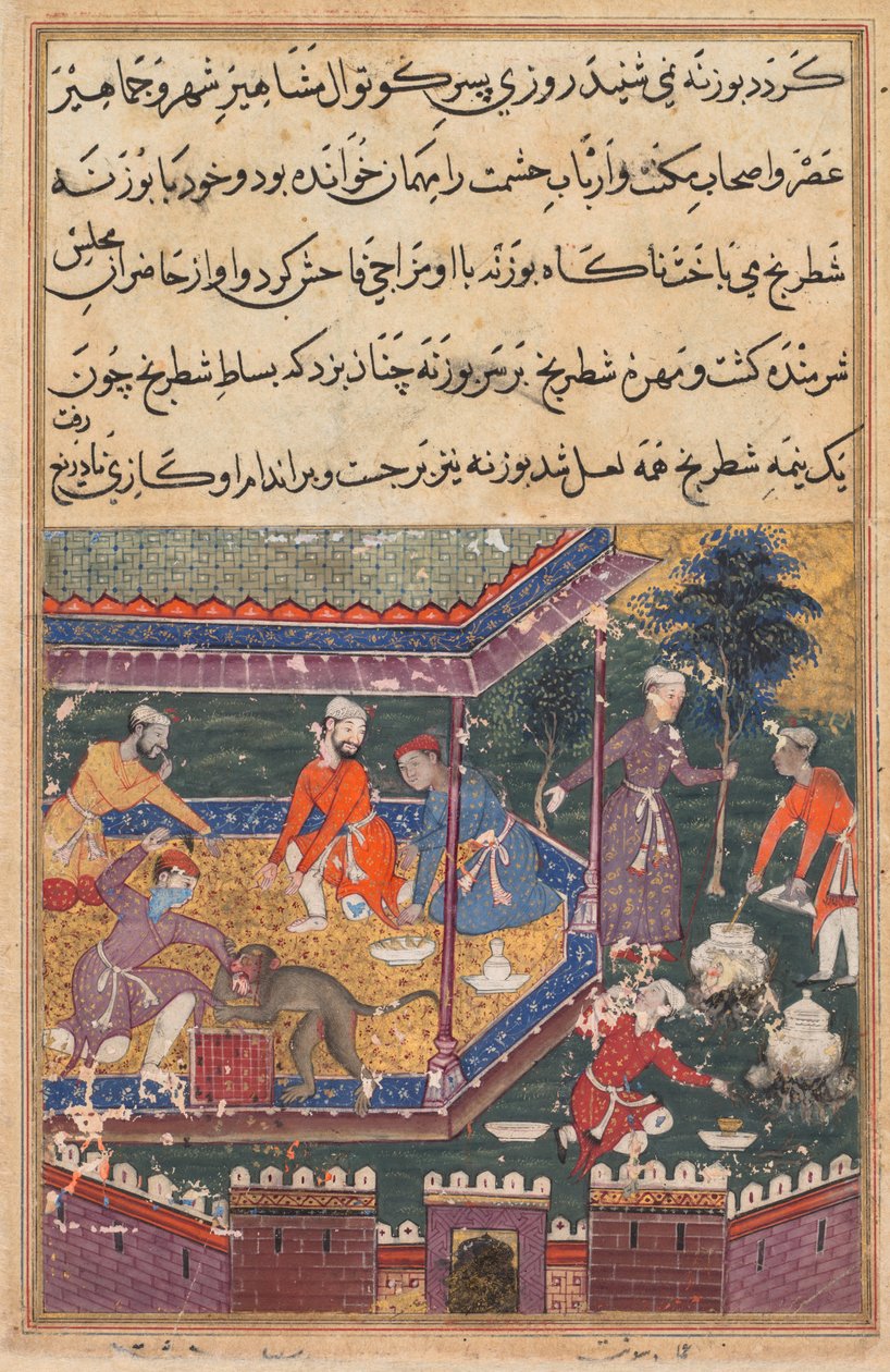 Seite aus Geschichten eines Papageis Tuti-nama: Fünfte Nacht: Der verwundete Affe beißt die Hand, ca. 1560 von Unbekannt