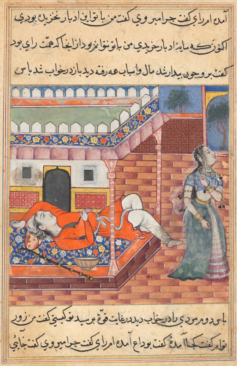 Seite aus Geschichten eines Papageis Tuti-nama: Sechsunddreißigste Nacht: Der König träumt von einer Dame..., ca. 1560 von Unbekannt
