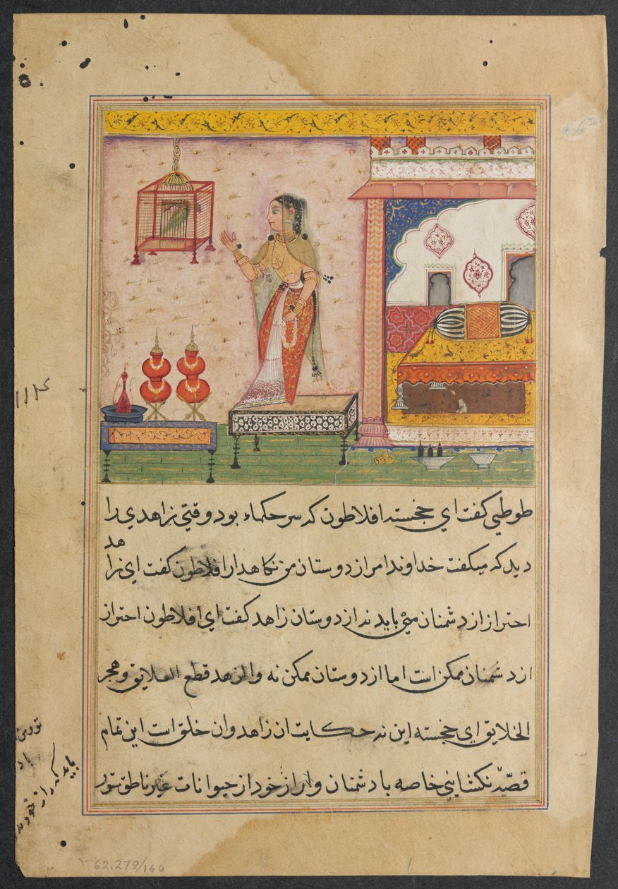 Seite aus Geschichten eines Papageis Tuti-nama: Dreiundzwanzigste Nacht: Der Papagei spricht..., ca. 1560 von Unbekannt