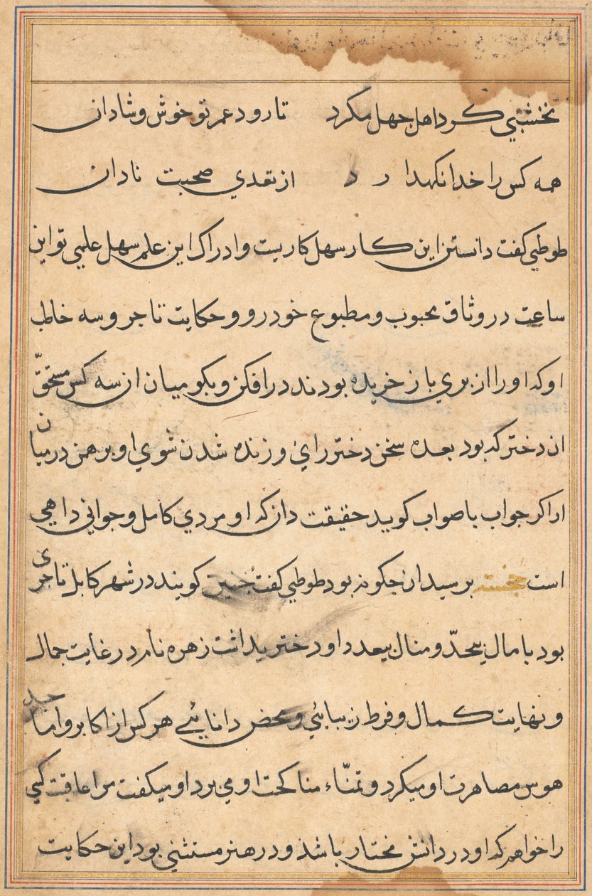 Seite aus den Geschichten eines Papageis Tuti-nama: Textseite, ca. 1560 von Unbekannt