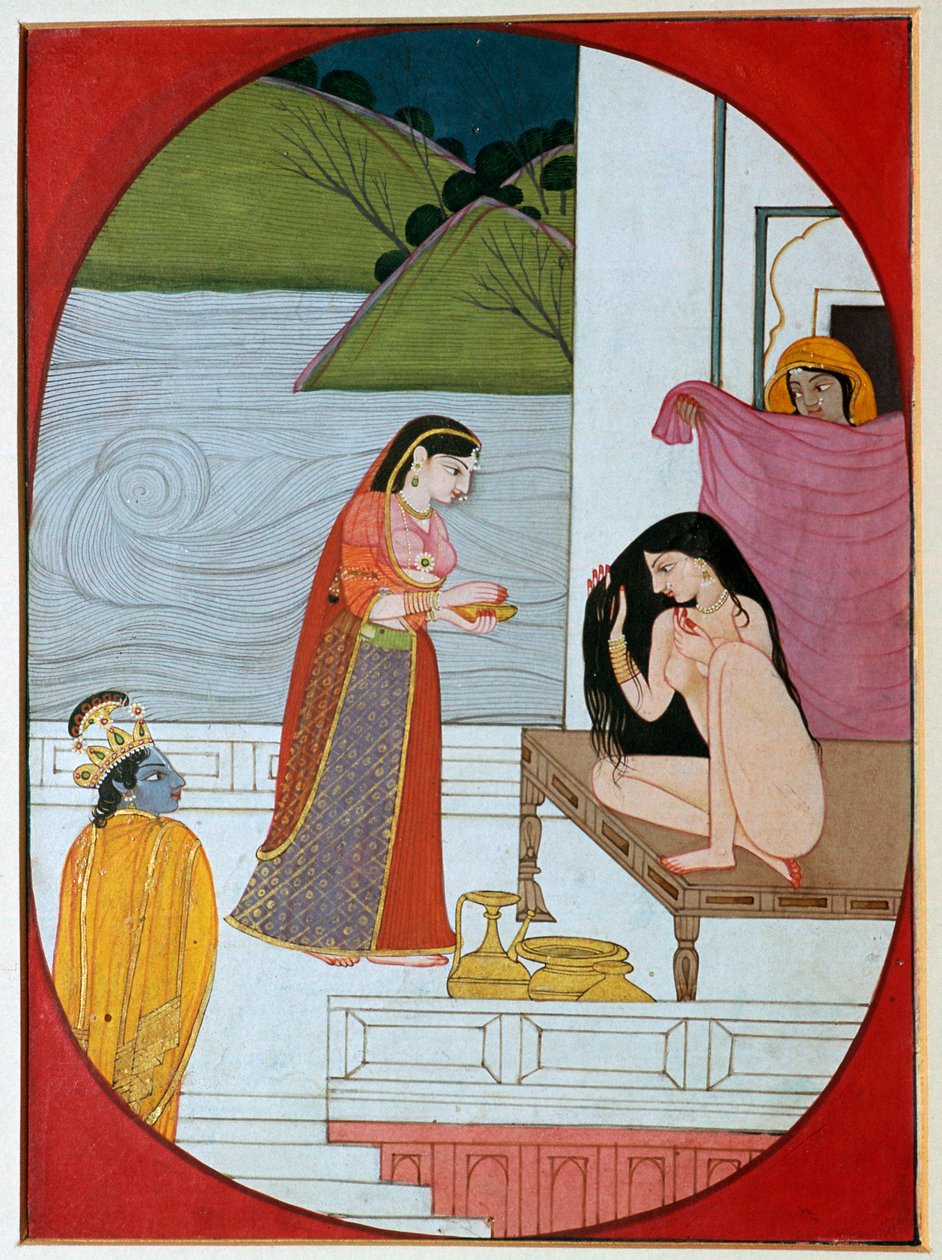 Gemälde des Gottes Krishna, der Radha beim Baden beobachtet von Unbekannt