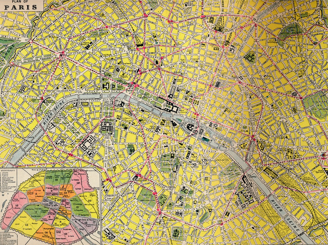 Plan von Paris - Zentrales Viertel der Stadt des Lichts, ca. 1930er Jahre von Unbekannt