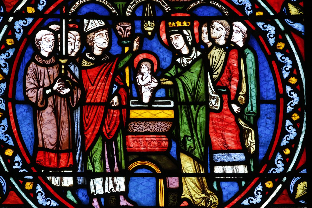 Kollegiatkirche von Poissy. Buntglasfenster. Taufe des Heiligen Ludwig, Poissy, Frankreich von Unbekannt