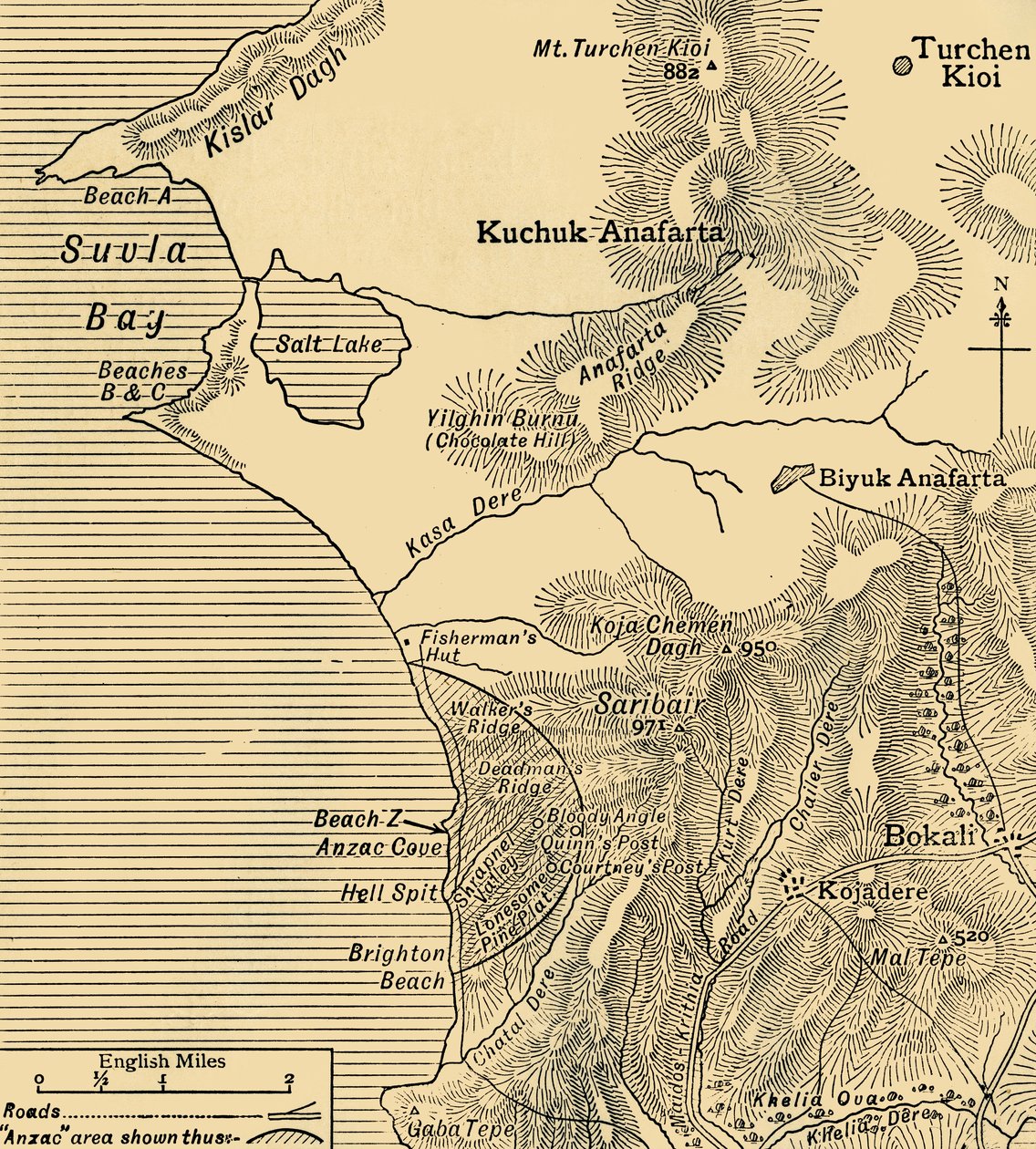 Positionen der ANZAC-Truppen auf der Halbinsel Gallipoli in der Türkei, Erster Weltkrieg, Juli 1915 von Unbekannt