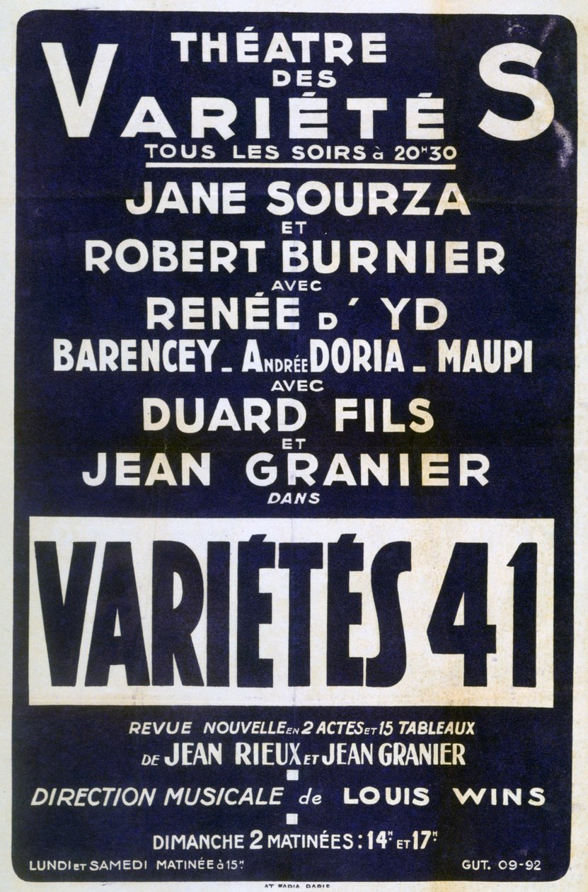 Plakat für die Werbung für Variétés 41 Varieté-Show, Frankreich, 1941 von Unbekannt