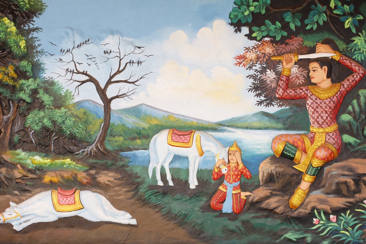 Preah Prom Rath Kloster. Leben des Buddha. Das große Tonsur: der Buddha schneidet sich mit seinem Schwert die Haare ab, dann tauschte er seine Prinzenkleider gegen ein Bettlergewand und begann seine Suche nach Erleuchtung von Unbekannt