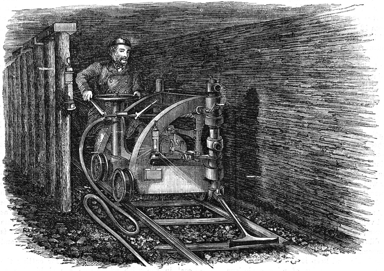 Schienenmontierte Kohleschneidemaschine, 1864 von Unbekannt