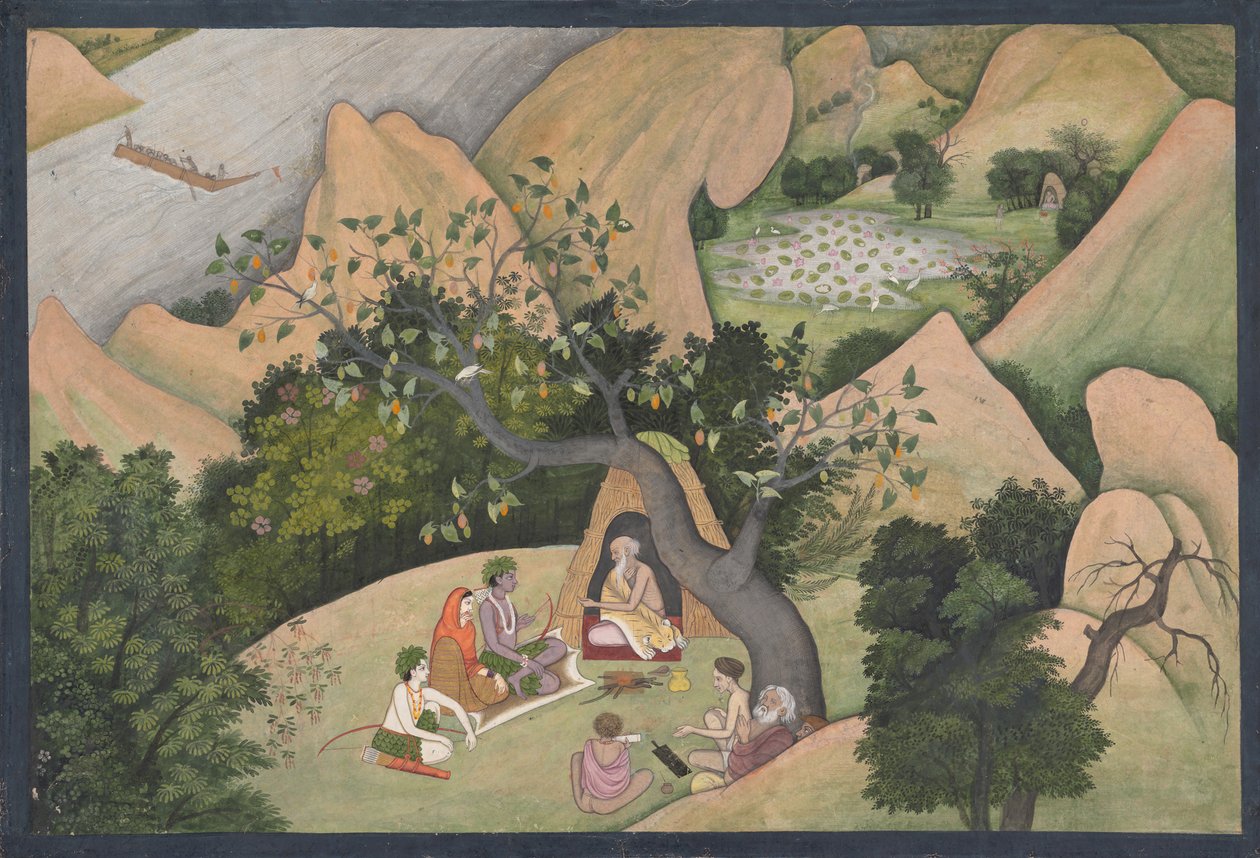 Rama, Sita und Lakshmana in der Einsiedelei von Bharadvaja: Illustrierte Folio aus..., ca. 1780 von Unbekannt